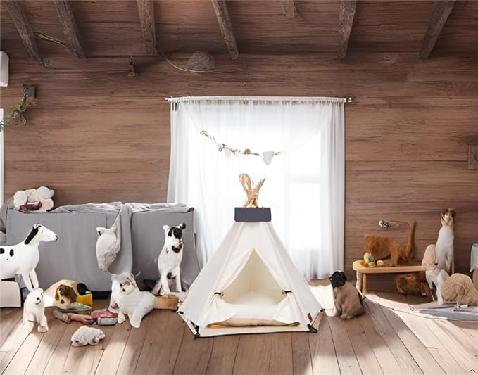 Pet Teepee Dog & Puppy Cat Tents Tipi Bed Portable Houses with Thick Cushion for Pets Up to 15lbs