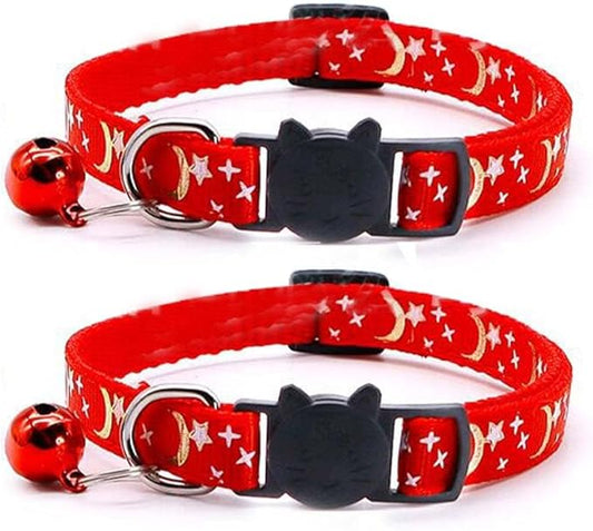 Reflective Cat Collars Breakaway with Bell 2-Pack Girl Boy Pet Kitten Collar with Star Moon Patetrn Adjustable 7.5-12.5 Inch (Red)