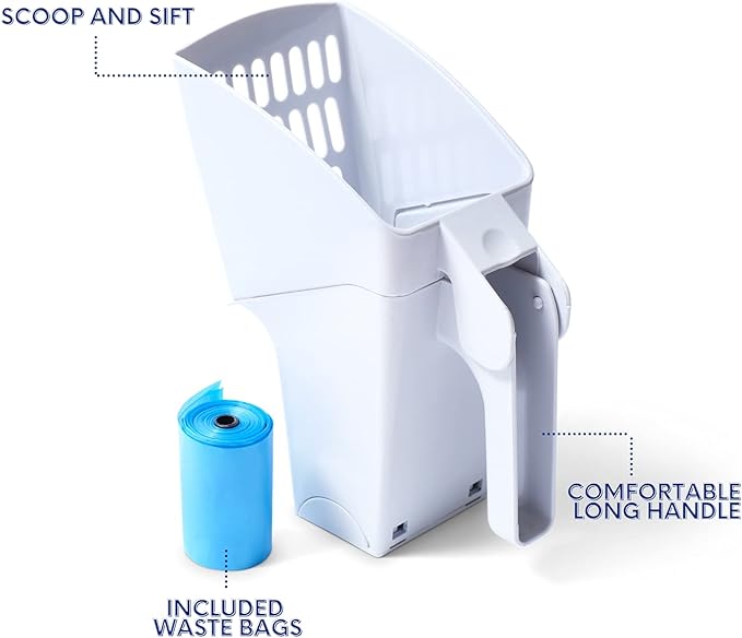 PURRFECT POUCH Cat Litter Shovel with Built-in Scooper & Holder | Kitty Pooper Scooper & Sifter | Includes 1 Roll of Litter Scoop Bags