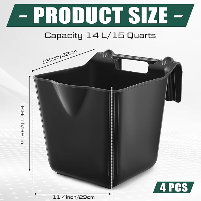 4 Pack 15 Quart Horse Feeders for Stall Hook Over Hanging Fence Hay Feeder Mountable Livestock Plastic Feed Bucket for Farm Stalls Pasture, Stable to Feed Horses Sheep Cattle Cows Etc(Black)