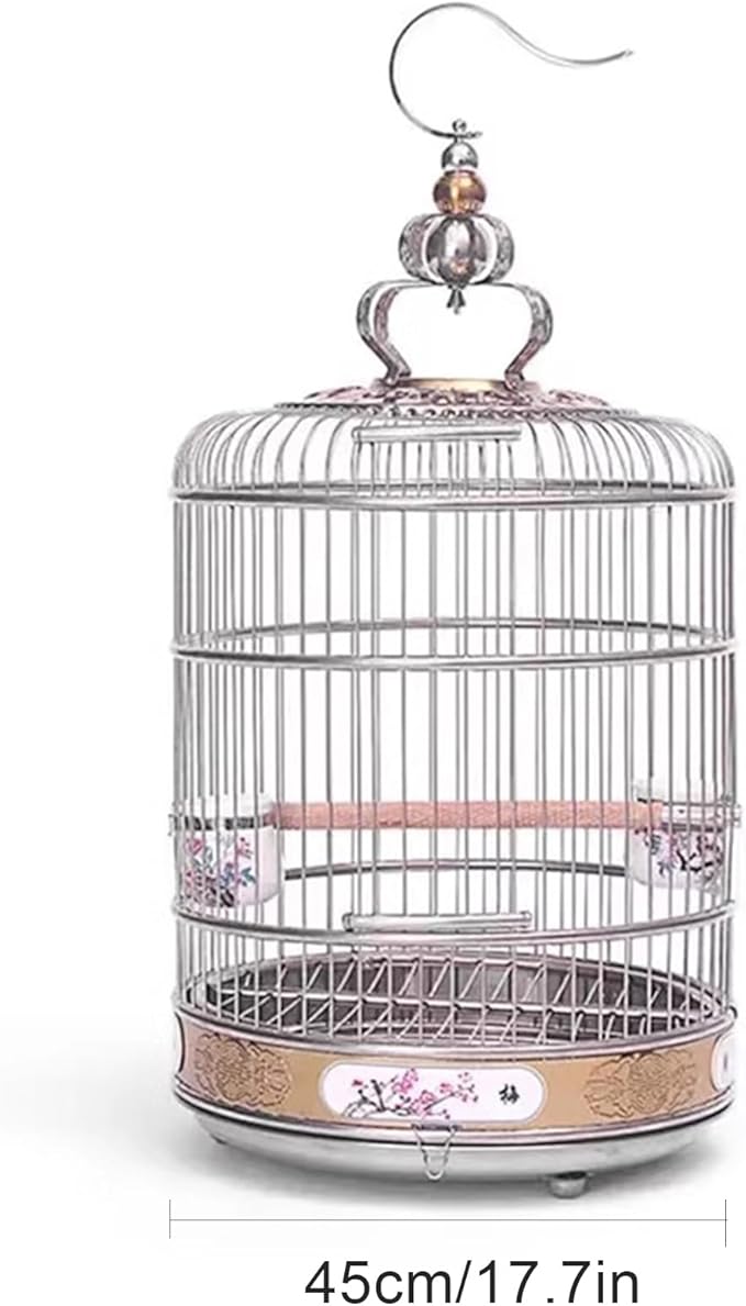 Portable Hanging Bird Cage, Stainless Steel Travel Cage for Canaries, Parakeets & Small Birds with Wooden Pole & Ceramic Cup, for Pet Starlings