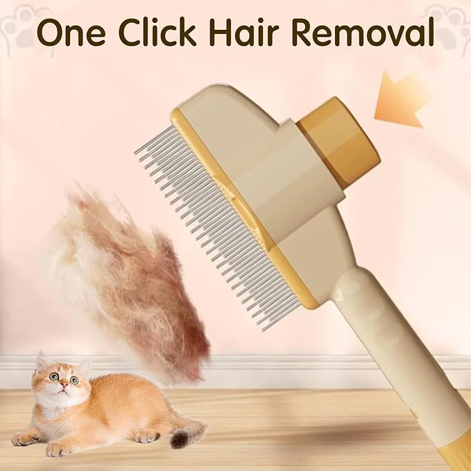 Pet Hair Removal Comb Flea Comb, New Cat Brush with Release Button Pet Hair Grooming Brush Supplies (YELLOW)
