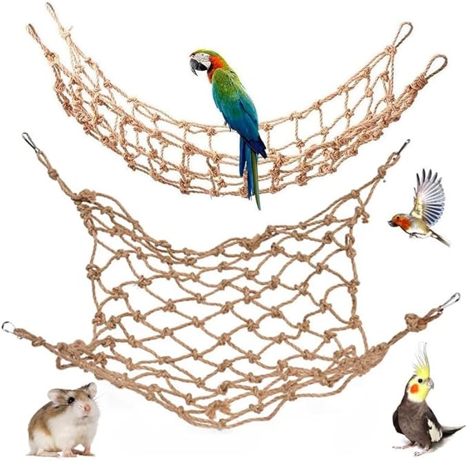 2 Packs Natural Bird Rope Net Parrot Swing Hammock for Birds Parrot Ladder Macaw Hanging Hammock Activity Toy for Rats Parakeet Cockatiel Cockatoo Conure African Grey Budgie（S 12x8inch）