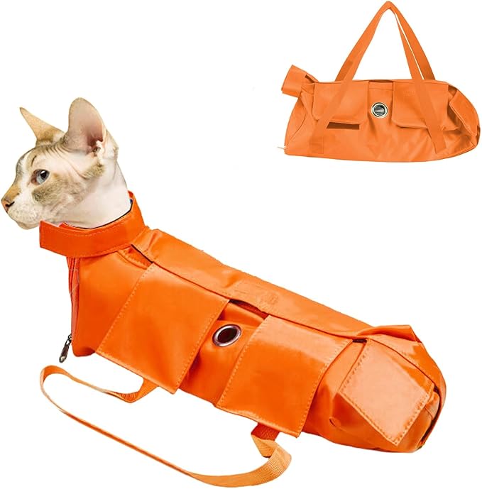 HDKUW Cat Grooming Bag,Foldable Travel Carrier for Cats,Anti-Bite Anti-Scratch Cat Grooming Restraint Bag,Pet Carrier for Administering Eye Drops,Ear Cleaner,Clipping Nails Orange S