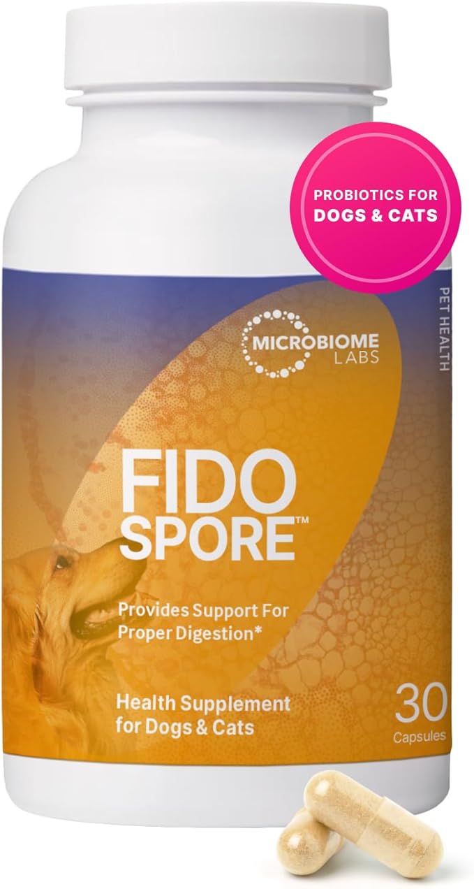 Microbiome Labs Fidospore - Dog Probiotics for Digestive Health & Immune Support - Spore-Forming Pet Probiotics for Dogs & Cats Gut Health - Flavored with Grass Fed Beef Liver (30 Capsules)
