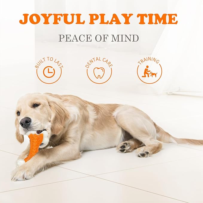 2-Pack Indestructible Dog Toys for Aggressive Chewers: Peanut Butter Flavored Hard Nylon Bone Chew Toys, Tough Dog Chew Toys, Dog Toys to Keep Them Busy for Medium Large Dogs, Orange