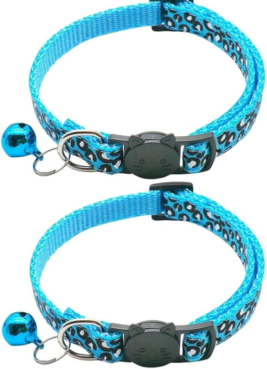 Reflective 2 Pack Breakaway Cat Collars with Bell Leopard Pattern Cute Kitty Adjustable 7.5-12.5 Inch Safe Kitten Collars Charms (Blue)