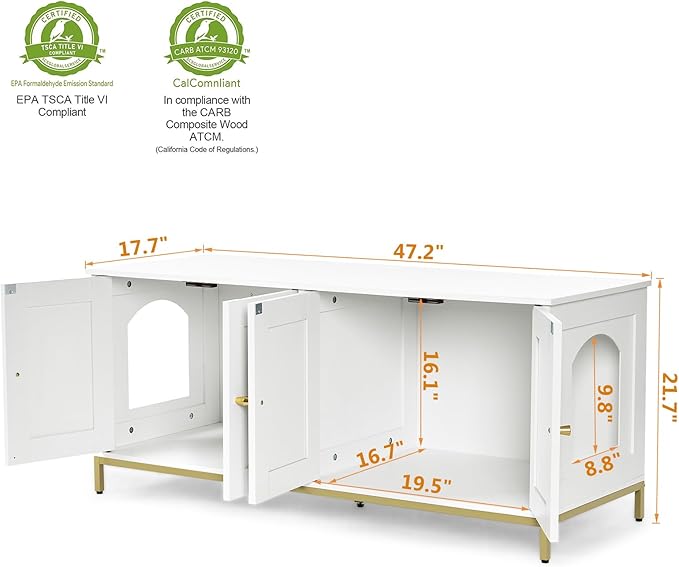 Homhedy Cat Litter Box Enclosure for 2 Cats, Cat Washroom Furniture with Double Room, Pet House with Metal Frame, 47.2”L x 17.7”W x 21.7”H, White and Gold