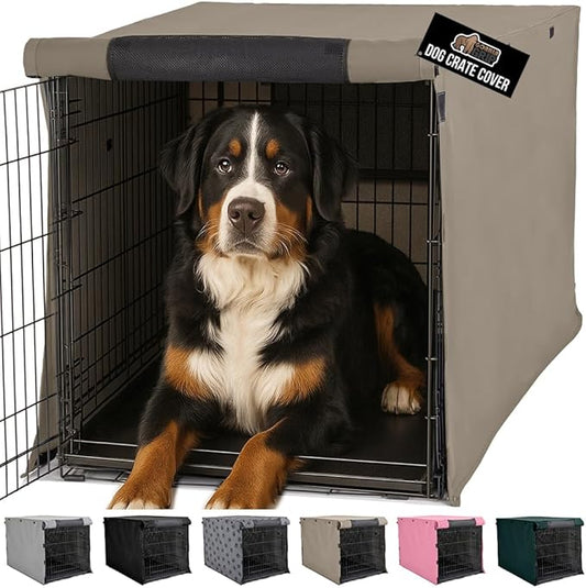 GORILLA GRIP Dog Crate Covers Compatible with Amazon Basics Dog Crates, All Sides Open, Privacy Cover Fits 48" Wire Kennel, Breathable Mesh Windows, Light Reducing Puppy Training Cage Topper, Taupe