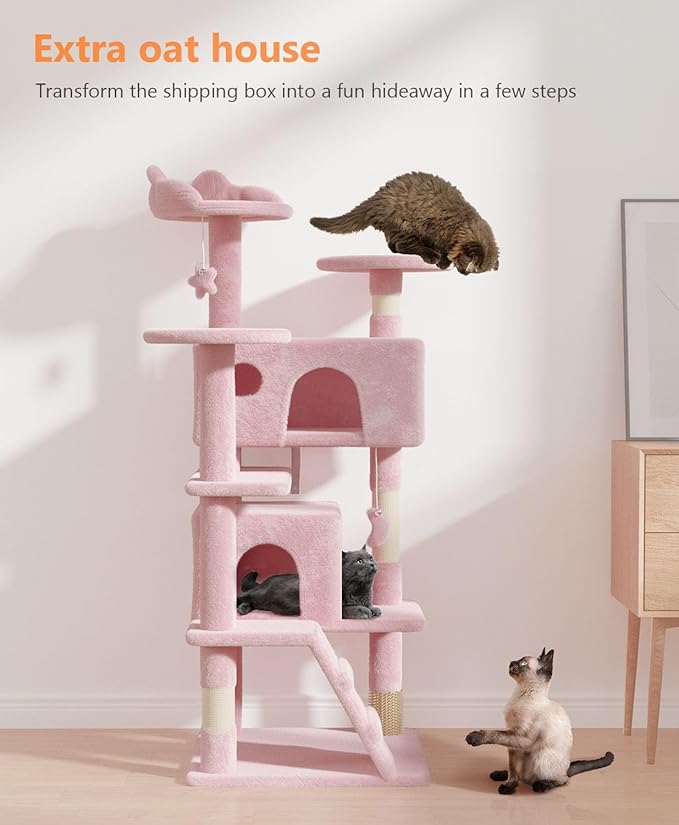 54" Cat tree Tower for Indoor Cats Large Adult,Cute/Tall Modern Cat Tree for Big Cats 20 lbs,Plush Multi-Level Cat Condo with Scratching Posts, Dangling Ball for fun play (Soft Pink, 54 inch)