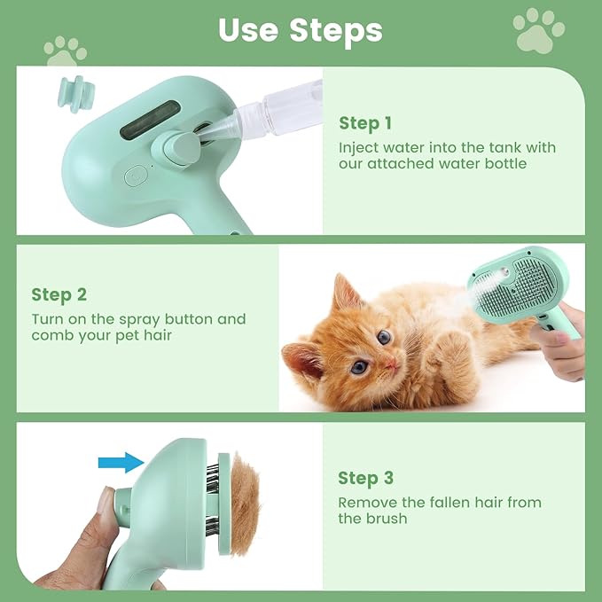 3 in 1 Cat Steam Brush, Pet Spray Hair Removal Comb for Shedding & Grooming, Water Brush for Cats Dogs Small Animals Long Short Haired with One-Click Release Button(Green)