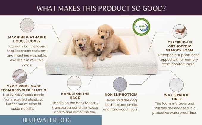 Luxury Boucle Orthopedic Memory Foam Dog Bed with Waterproof Liner and Machine Washable Cover with YKK Zippers (Medium, 37" L x 30" W x 6" Th, Sand)