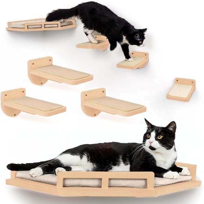 INICIO Cat Wall Shelves - Modern and Durable 3 Step Cat Furniture for Wall - Stylish Birch Floating Shelf for Cats up to 15lbs - Wooden Corner Shelves with Cushioned Perch - Natural Wood