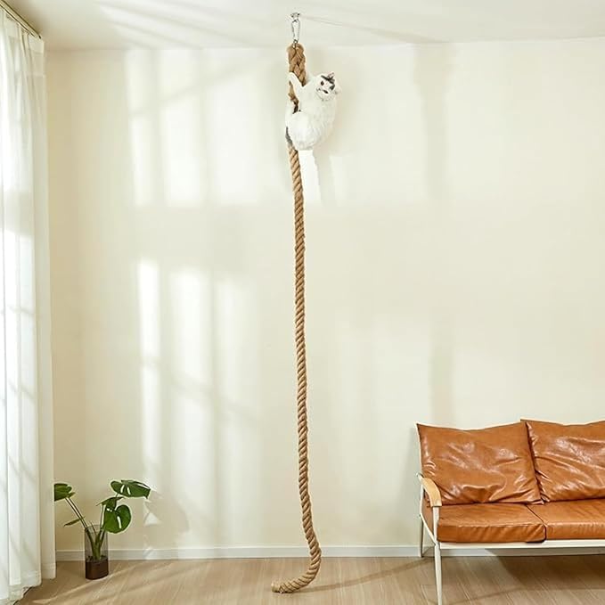 SHENGOCASE 1.9" x 8.9Ft Cat Climbing Jute Rope for Ceiling with Hook, Wall Mounted Furniture for Indoor and Outdoor Cats, Cimbing Pole (8.9 Feet)