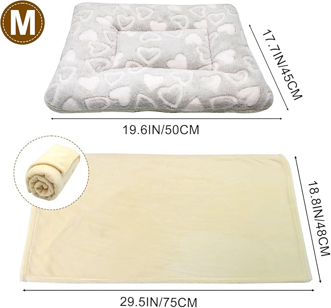 Cat Dog Bed Mat & Blanket, Reversible Pets Crate Pad Bed Mat and Ultra Soft Warm Fleece Calming Blanket for Small Puppy Kitty, Washable