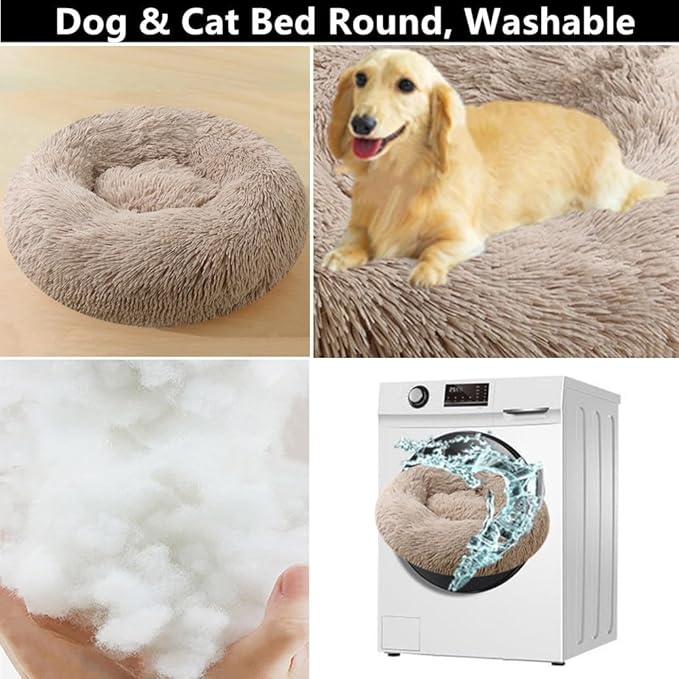 Calming Small Dog Bed Pink Cat Bed, 20 Inch Donut Fluffy Anti-Anxiety Round Bed Washable Cute Bed, Cuddler Warming Cozy Soft Bed, Plush Cushion Bed for Small Medium Dogs and Cats (Bright Pink)