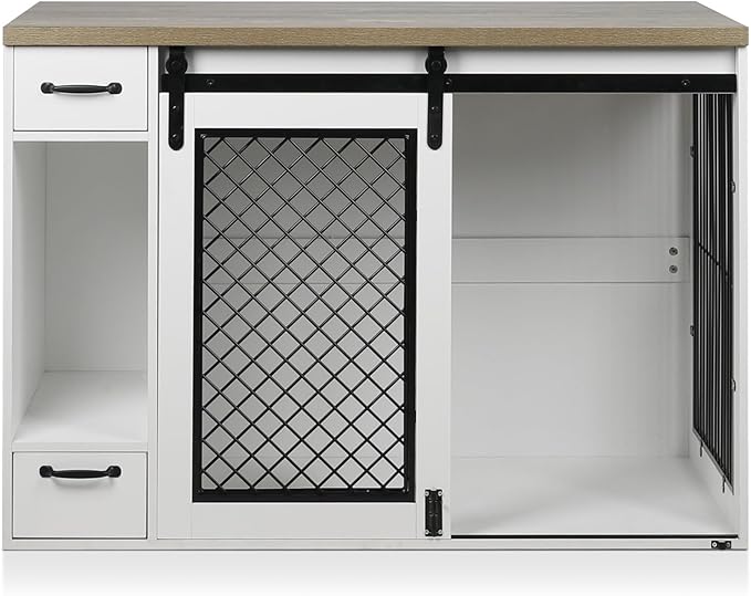 Large Dog Crate, Dog Crates for Medium Dogs, 47.2" Dog Kennel Indoor with Drawers, Feeder Bowls and Storage, 2 Sliding Doors, Heavy Duty Dog Crate Farmhouse Modern Side End Table for Small Medium Dogs
