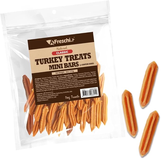 Afreschi Natural Turkey Treats Mini Bars – 6 oz, USA-Sourced Trukey, All-Natural, Hypoallergenic, Low-Fat, Healthy & Easily Digestible, Puppy & Training Snack