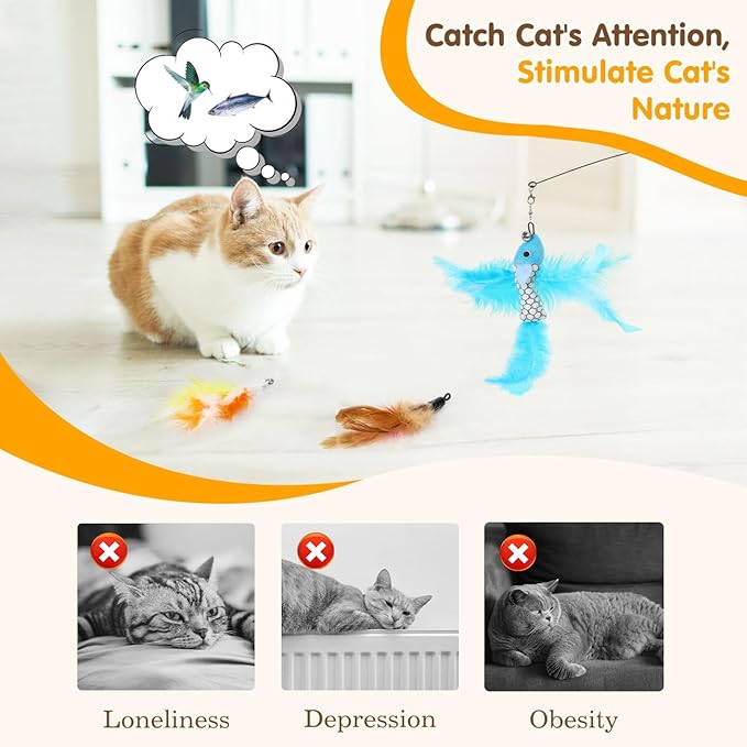 Pawaboo Cat Feather Toys, Interactive Cat Wand Toy with 2-Slot Super Suction Cup, Detachable 2 PCS Spring Cat Wand & 7 PCS Cat Teaser Replacement with Bells, Funny Kitty Toys for Indoor Kittens Play