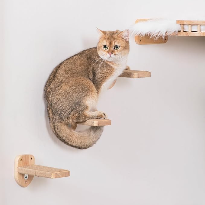 3pcs Cat Wall Steps, Climbing Mounted Furniture, Shelves With Hemp Rope Covered, Solid Wood Ladder for Playing and Climbing (Standard-Wood)