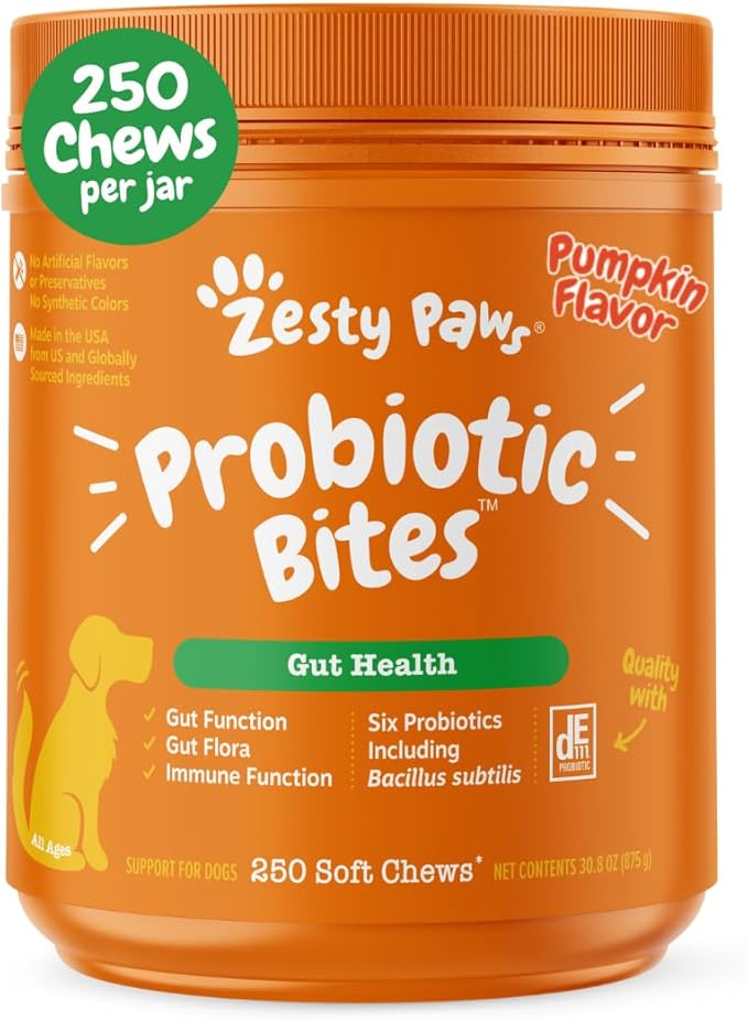 Zesty Paws Probiotics for Dogs, Digestive Enzymes Gut Flora, Digestive Health, Diarrhea & Bowel Support, DE111, Dog Probiotic Soft Chew for Pet Immune System, Pumpkin, 250 Ct