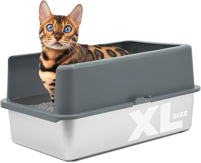 iPrimio XL Stainless Steel Litter Box with Enclosure - High-Sided Metal Litter Box for Large Cats - Easy to Clean, Rust-Resistant, and Durable - 23.5 x 15.5 x 6 Inches