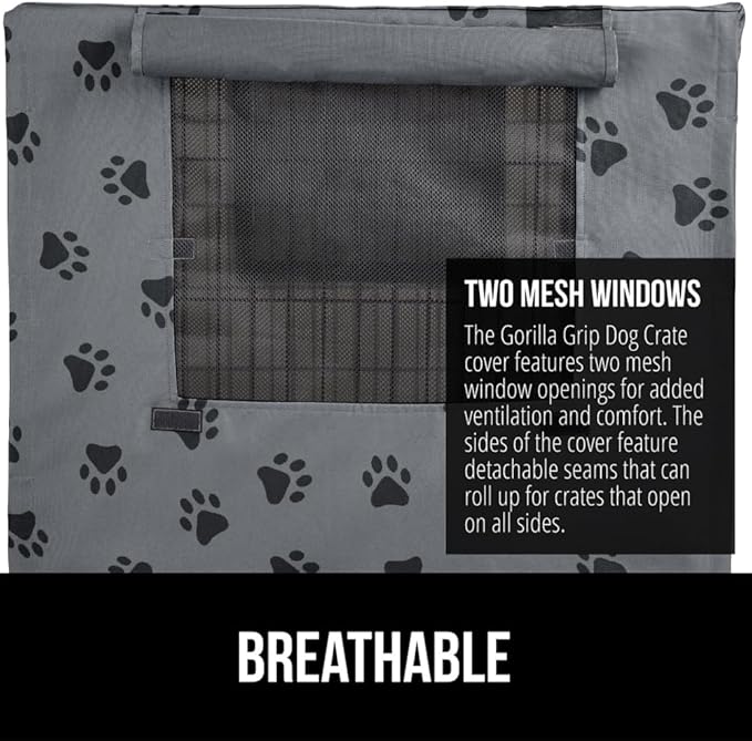 GORILLA GRIP Dog Crate Covers compatible with Amazon Basics Dog Crates, All Sides Open, Privacy Cover Fits 42" Wire Kennel, Breathable Mesh Windows, Light Reducing Puppy Training Cage Topper, Gray Paw