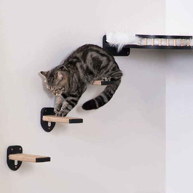 3pcs Wall Steps for Cats, Climbing Mounted Furniture, Shelves With Hemp Rope Covered, Solid Wood Ladder for Playing and Climbing (Large-Black)