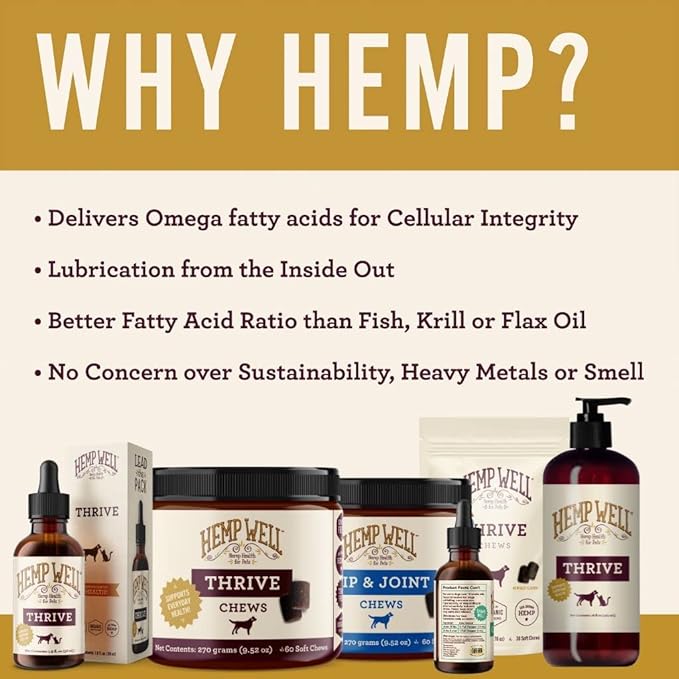 Hemp Well Thrive Oil for Dogs and Cats – Supports Hip, Joint, and Heart Health, Promotes Immune System, and Promotes Healthy Skin from Seasonal Allergies, Organically Sourced - 1 Gallon