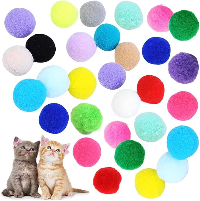 30Pcs 1.3 Inch Cat Toy Balls Soft Kitten Pompom Toys Indoor Cats Interactive Playing Quiet Ball Cats Favorite Toy, Cat Pom Pom Balls for Craft DIY Creative Crafts Decorations (Assorted Color)