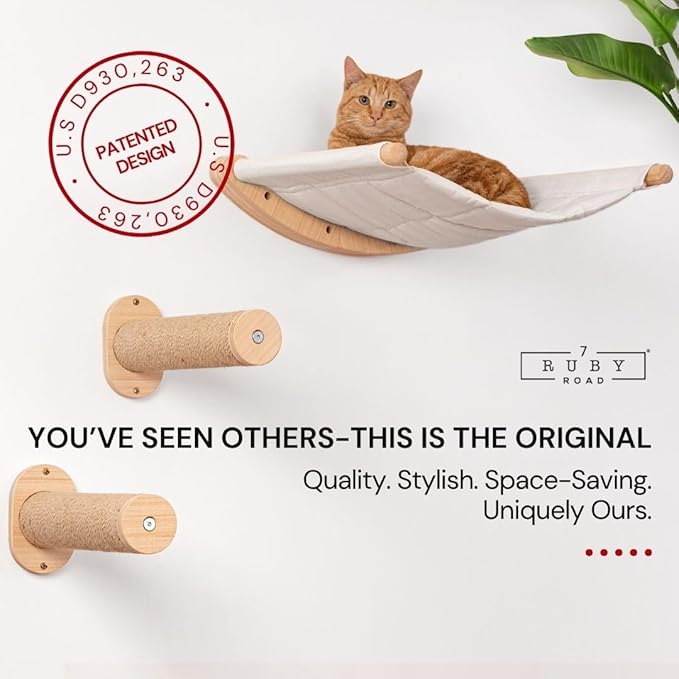 7 Ruby Road Cat Hammock Wall Mounted Shelf with Two Steps Set - Wall Shelves and Perches for Sleeping, Playing, Climbing and Lounging - Modern Cat Bed & Furniture for Indoor and Large Cats or Kitty