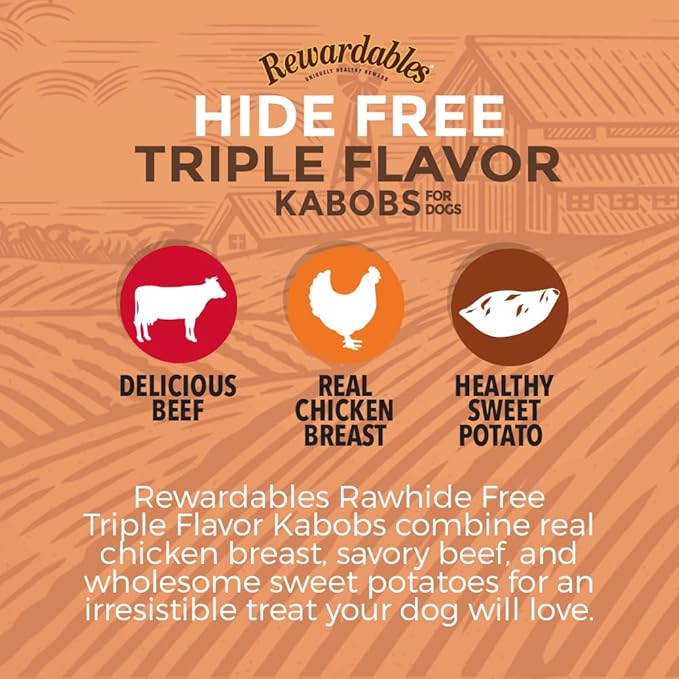 Rawhide Free Triple Flavor Kabobs for Dogs | Real Chicken, Beef and Healthy Sweet Potato | 15 Count