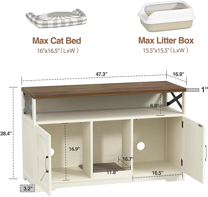 Cat Litter Box Enclosure for 2 Cats, 47" Double Hidden Litter Box Furniture with Scratch Pad, Farmhouse Indoor Litter Box Cabinet Cat Washroom, White