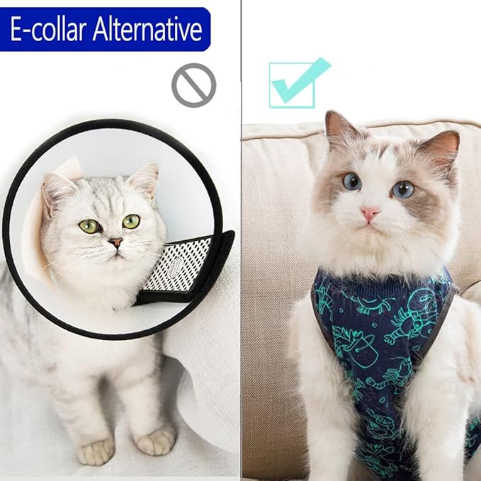 Cat Surgery Recovery Suit Cat Onesie for Cats After Surgery for Surgical Abdominal Wound Or Skin Diseases E-Collar Alternative Wear Neutering Bodysuit Wear (Dark-Blue-S)