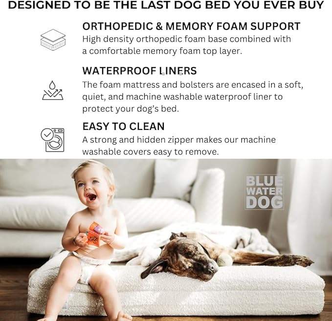Luxury Boucle Orthopedic Memory Foam Dog Bed with Waterproof Liner and Machine Washable Cover with YKK Zippers (Medium, 37" L x 30" W x 6" Th, Sand)