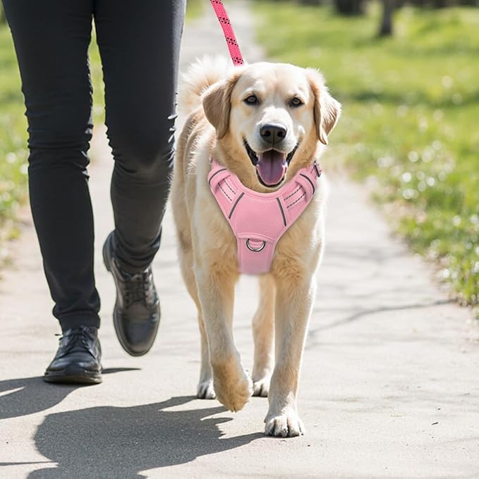 BARKBAY No Pull Dog Harness Large Reflective Dog Harness with Front Clip and Easy Control Handle for Walking Training Running with ID tag Pocket(Baby Pink,L)