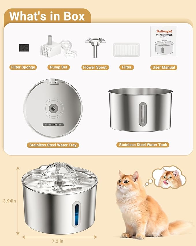 Cat Water Fountain Stainless Steel - 74oz/2.2L Corded Pet Water Dispenser Automatic Silent Cats Dispenser for Drinking Inside Indoor Metal Kitty Spout Fountain with 6 Filters & 6 Sponges