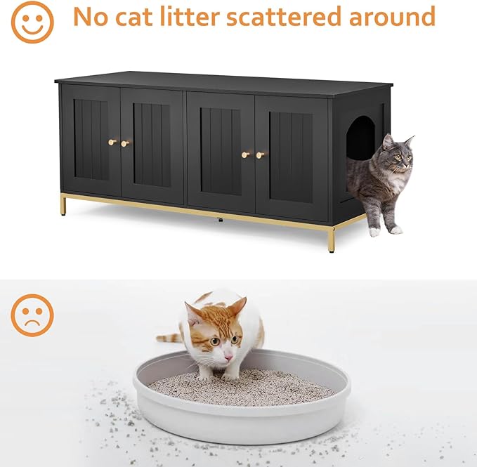 Homhedy Cat Litter Box Enclosure for 2 Cats, Cat Washroom Furniture with Double Room, Pet House with Metal Frame, 47.2”L x 17.7”W x 21.7”H, Black and Gold