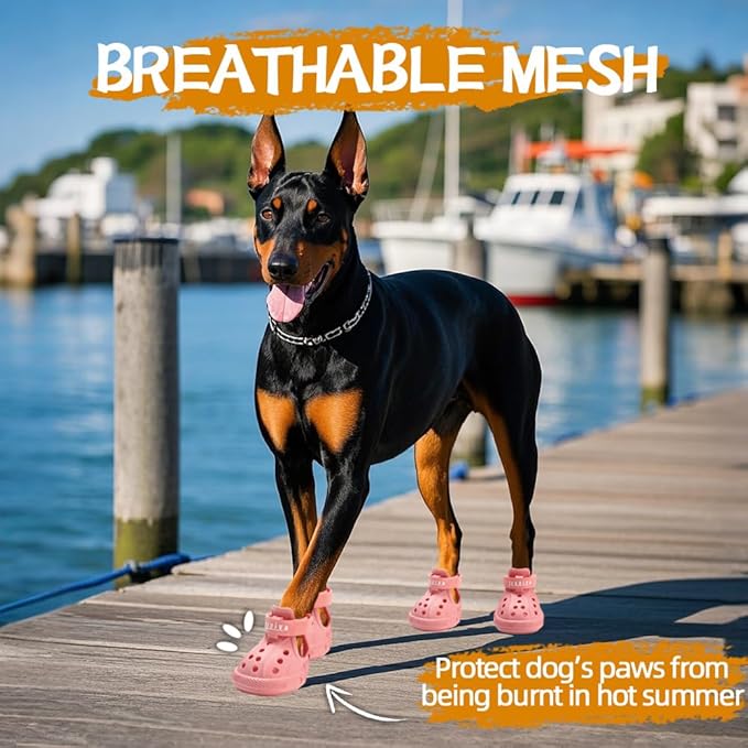 JZXOIVA Dog Shoes for Hot Pavement, Dog Booties for Large Dogs, Breathable Dog Boots & Paw Protectors, Adjustable Non-Slip Dog Rain Booties, Waterproof Pets Sandals for Beach Pink Size 8