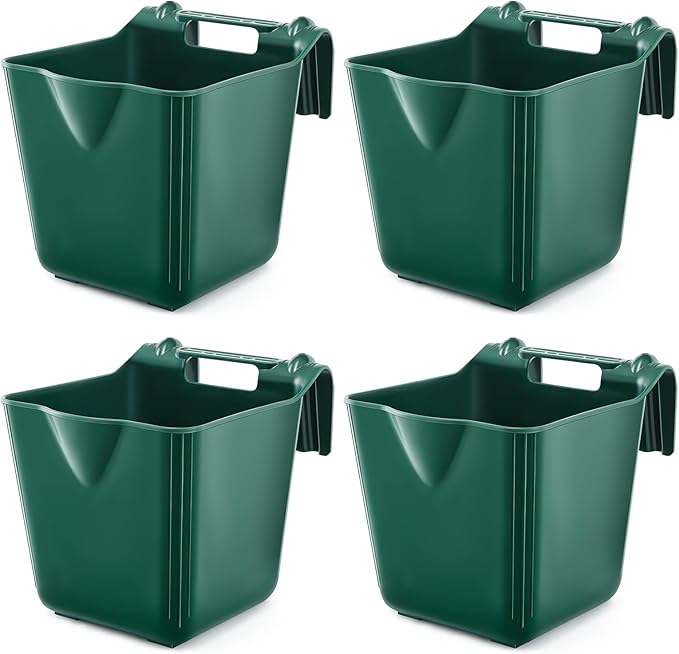 4 Pack 15 Quart Horse Feeders for Stall Hook Over Hanging Fence Hay Feeder Mountable Livestock Plastic Feed Bucket for Farm Stalls Pasture, Stable to Feed Horses Sheep Cattle Cows Etc(Green)