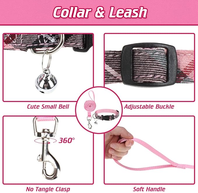 EXPAWLORER Classic Plaid Puppy Harness - Small Dog Harness and Leash Set - Dog Collar and Leash Set with AirTag Holder, Soft Padded Step in Dog Vest Harness No Pull Reflective for Outdoor, Pink S