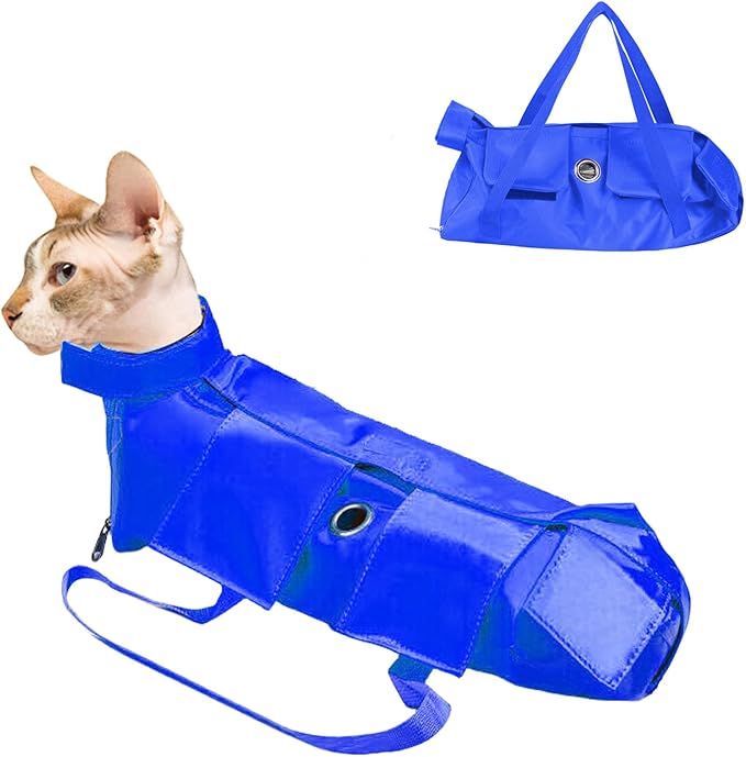 HDKUW Cat Grooming Bag,Foldable Travel Carrier for Cats,Anti-Bite Anti-Scratch Cat Grooming Restraint Bag,Pet Carrier for Administering Eye Drops,Ear Cleaner,Clipping Nails Blue L