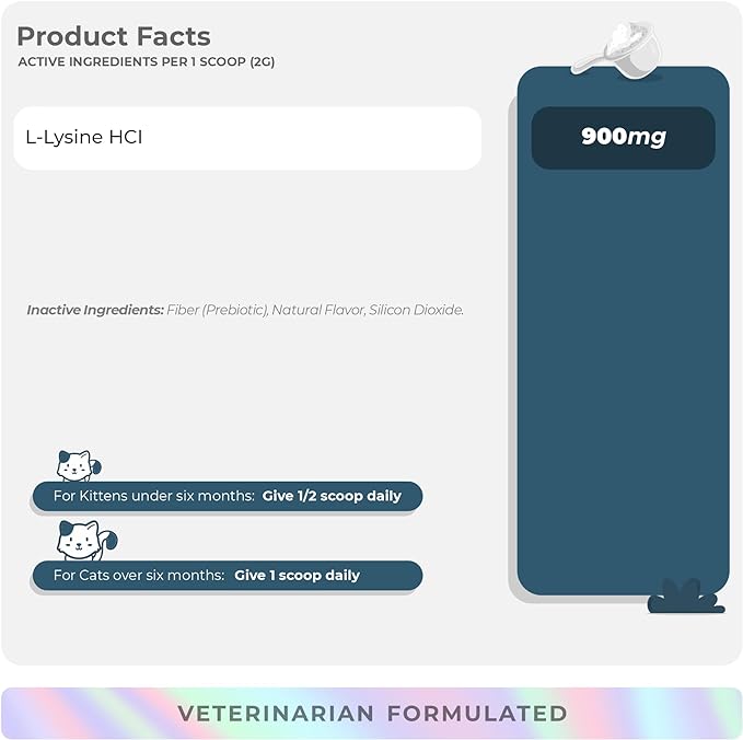 L-Lysine Supplement for Cats 900mg/scoop - Cat Supplement for Sneezing and Runny Nose, Cold, Immune Support, Eye Function, and Respiratory Health – Lysine Powder
