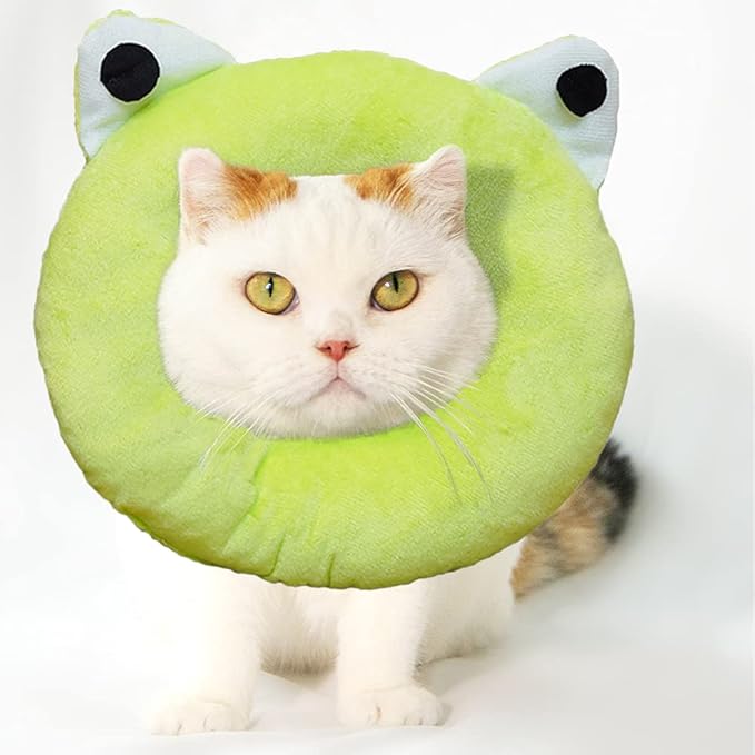 Adjustable Cat Recovery Collar Soft,Cute Pet E-Collar Neck Cone After Surgery Wound Healing Protective Cone Fit for Kitties, Small Dogs(ELC05-frog-m)