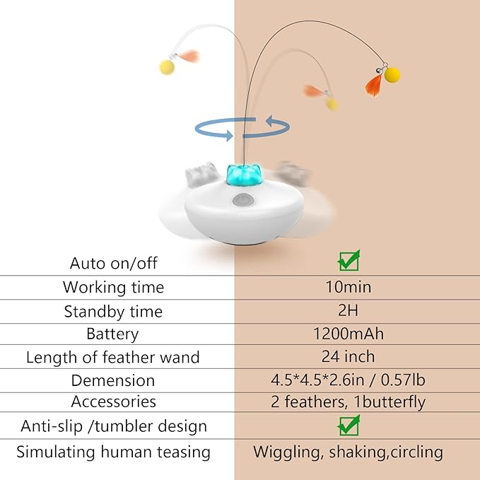 Interactive Cat Toys Cat Exercise Tumbler, Rechargeable Cat Toys for Indoor Cats Spin Butterfly Game Teasing Kitty, Extra Long Feather Wand (P33 cat Toys)
