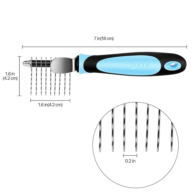 Flexzion Dogs Dematting Comb, Stainless Steel Blades Rakes, for Pets Cats Animals Matted Knotted Hair, Brush Cutting Removing Grooming Tool with Smooth Teeth Needle - Black & Blue Handle
