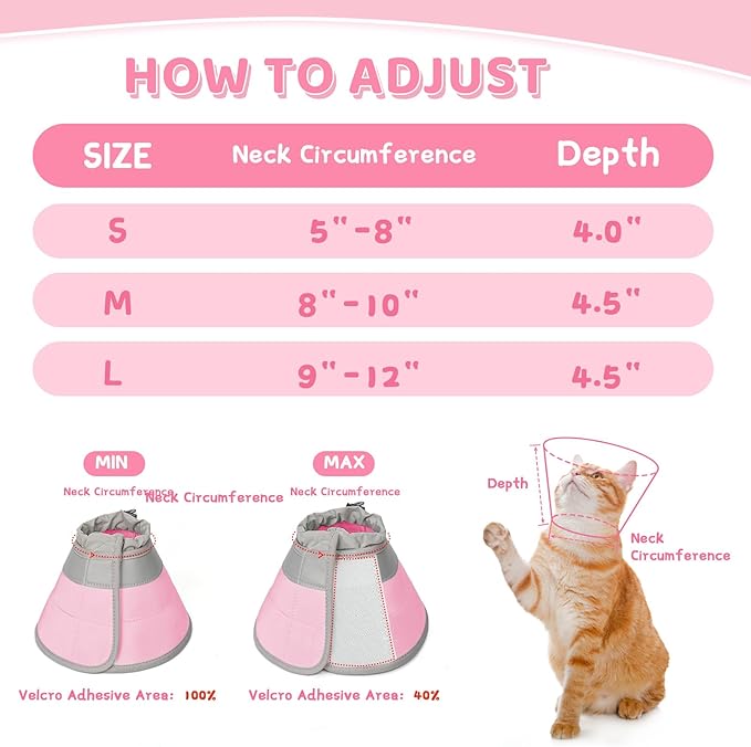 Cat Cone Collar Soft to Stop Licking, Adjustable, Foldable Lightweight Kitten Cones After Surgery Recovery for Cats & Kittens, Cat Cone Alternative (Solid Pink, M)