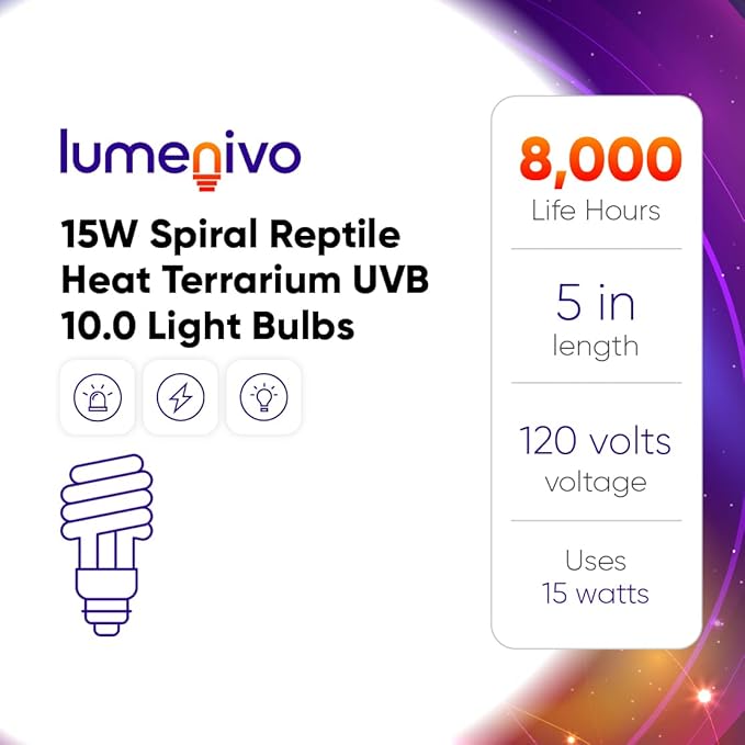 lumenivo UVB Reptile Light 15W 10.0 Desert Terrarium UVB Bulb for Bearded Dragon, Dwarf Monitors, Veiled Chameleons - Simulates UVB from The Sun to Help in Calcium Absorption - 120V - 1 Pack