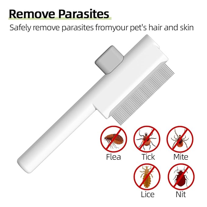 Marchul 2Pcs Pet Comb Flea Comb Set for Cats Dogs, Cat Grooming Brush with Release Button and Stainless Steel Round Teeth, Self-Cleaning Dog Combs for Removing Pet Hair, Knots & Loose Fur, White