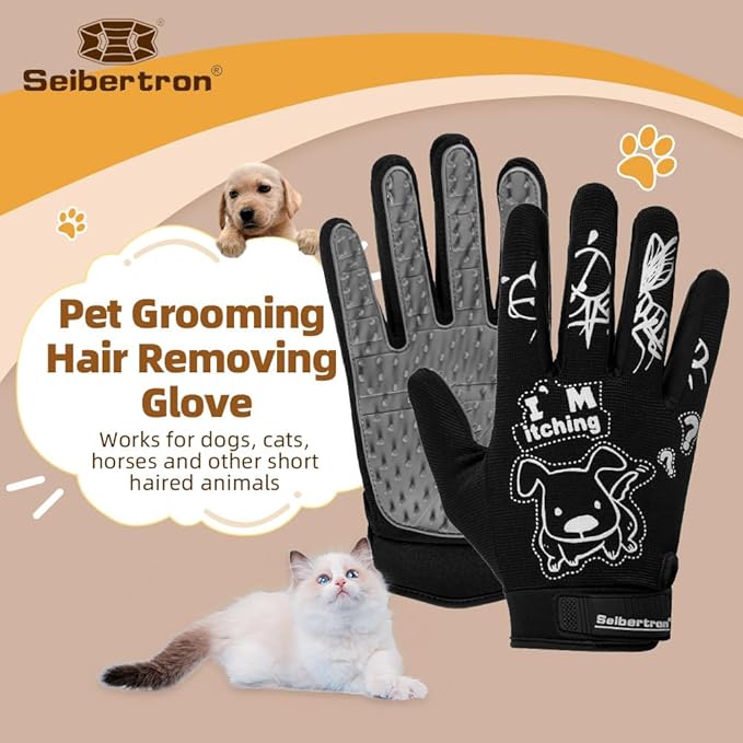 Seibertron Patented P.G.M.G-1 Pet Hair Remover/Deshedding Grooming Gloves Seven Sizes Fit All Works for Dogs, Horses, Cats and Other Animals Short Fur(1-Pair) Adult Black XL